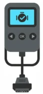 Icône minimaliste vectorielle représentant un scanner OBD2 avec écran et connecteur de diagnostic auto.